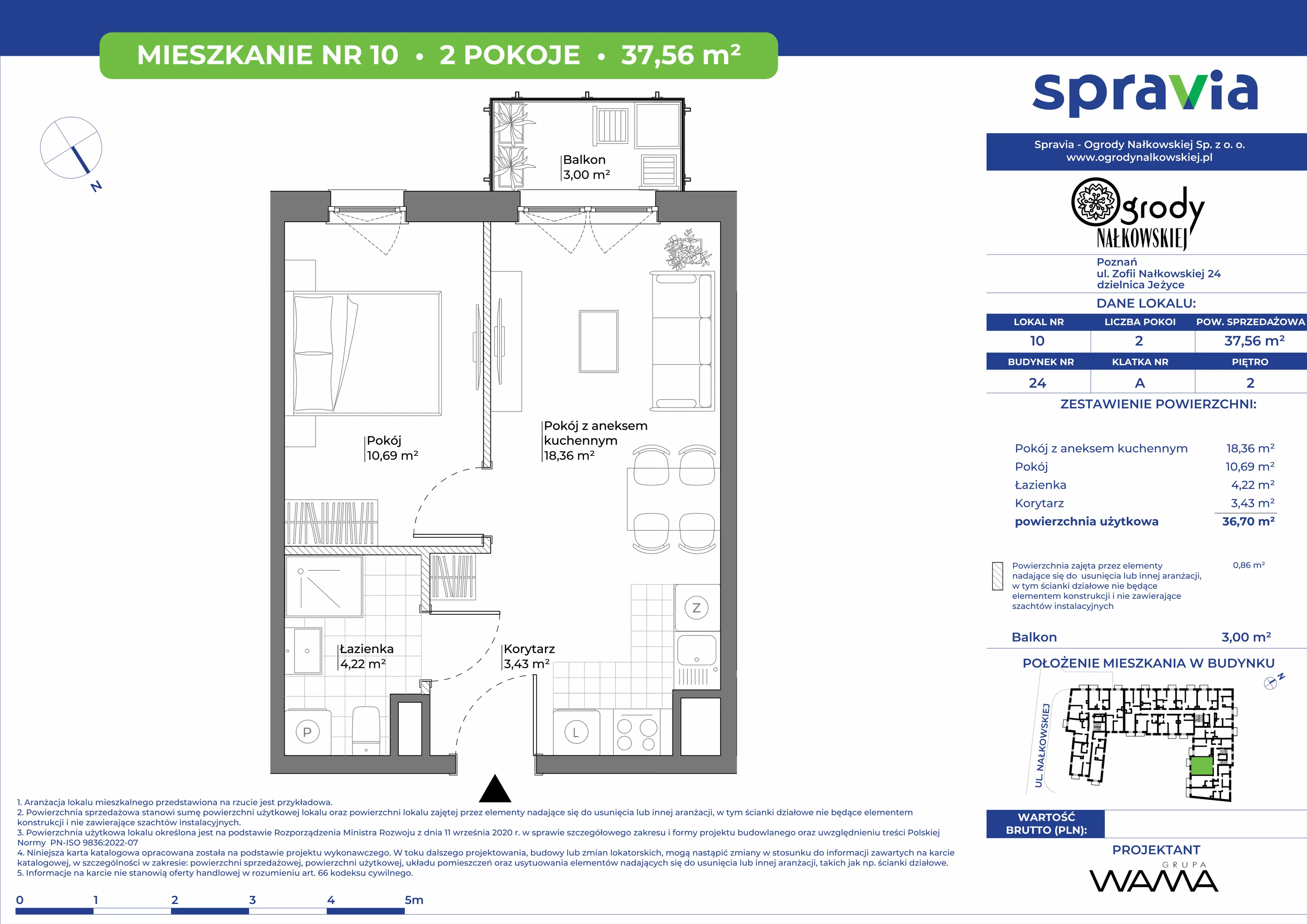 2 pokoje, mieszkanie 37,56 m², piętro 2, oferta nr 24-10, Ogrody Nałkowskiej, Poznań, Ogrody, ul. Nałkowskiej 24, 26